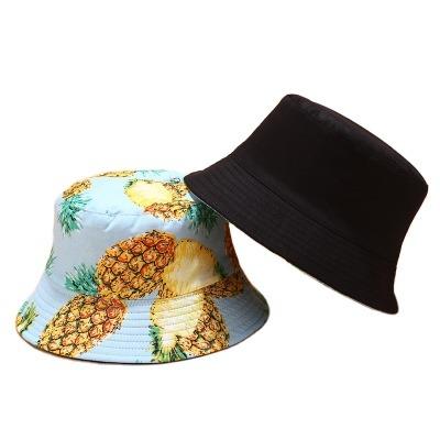 China Hot Selling Reversible Sun Wide Protection Cotton Character Fruit Pineapple Pattern Brim Children And Women Bucket Hat for sale