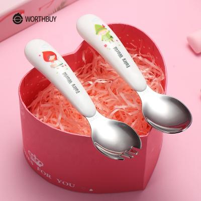 China WORTHBUY Viable Cute Cartoon Cutlery Set For Kids 304 Stainless Steel Plastic Tableware Handle Spoon Fork Tableware Kitchen Dinner Set for sale