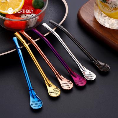 China WORTHBUY Yerba Mate Stirring Filtered Stainless Steel Viable High Quality Straws Spoon Drinking Straws Reusable With Filter Spoon for sale