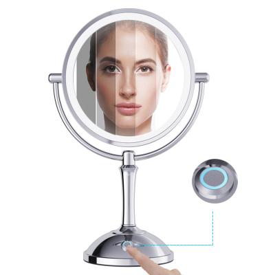 China 8 Inch Chrome Lighted Iron Framed Two Sides Frame Led Cosmetic Vanity Makeup Mirror On Stand for sale