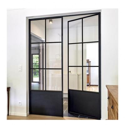 China Industrial European Minimalist Steel Made Frame Grill Door Design With Tempered Glass Wrought Iron Steel Swing Door for sale