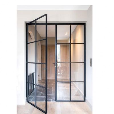 China Wrought Iron Door Pair Steel Frame Clear Stained Glass Metal Good Quality Industrial Black Primed Internal Door for sale