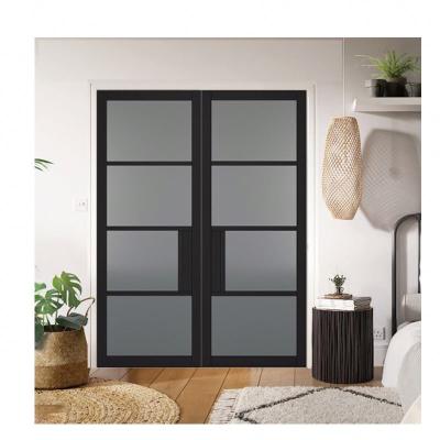 China Waterproof Double Swing Steel Grill Made Luxury French Wrought Iron Black Glass Panels Exterior Entry Patio Doors for sale