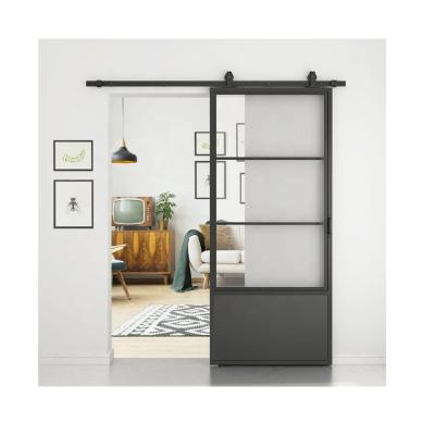 China Industrial Heavy Duty 8ft Hardware Door Sliding Barn Doors Internal Entry Doors Double Matt Black Frame+Clear Glass or Wood Panel Steel for sale