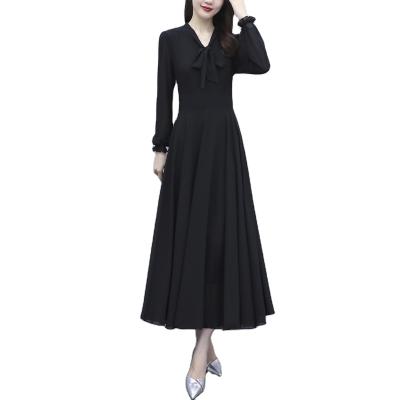 China Anti-wrinkle Black Expansion Chiffon Midi Woman Fall Bohemian Dress for sale