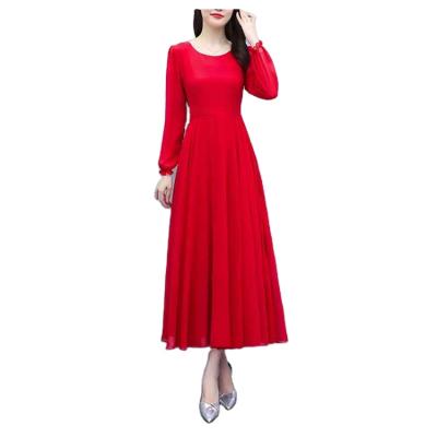 China Anti-Wrinkle Fall O Neck Long Sleeve Sheer Scarlete Casual Dress for sale