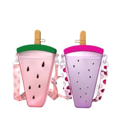 China Best Selling Sustainable Colorful Cartoon Fruit Watermelon Shaped Plastic Water Bottle With Straw Straps Cute Printing for sale