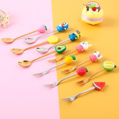 China Cute Spoon Sustainable And Forks Set Kids Children Cutlery Set Stainless Steel Fruit Designed Handle Fork And Spoon for sale