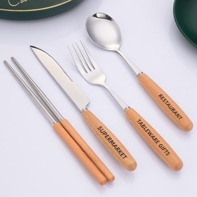 China Durable Silver Flatware Cutlery Stainless Steel Knife Fork Spoon And Chopsticks With Wooden Handle for sale