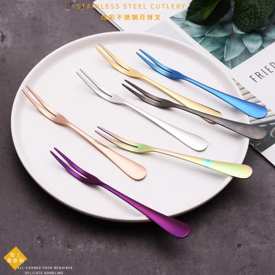 China Viable In Stock Two Prong Stainless Steel Fruit Fork Cake Dessert Small Fork for sale