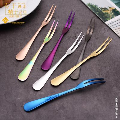 China Sustainable high quality multicolor reusable two prong stainless steel fruit dessert salad fork reusable fork for sale