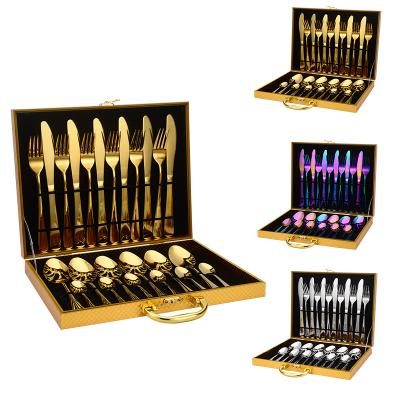 China Sustainable Hotel Gold Cutlery 24 Pcs Stainless Steel Luxury Flatware Sets For Wedding With Gift Box for sale