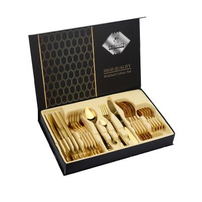 China Viable Custom Reusable Stainless Steel Gold Metal Flatware Reusable Cutlery 24pcs Set With Wooden Box Or Rack for sale