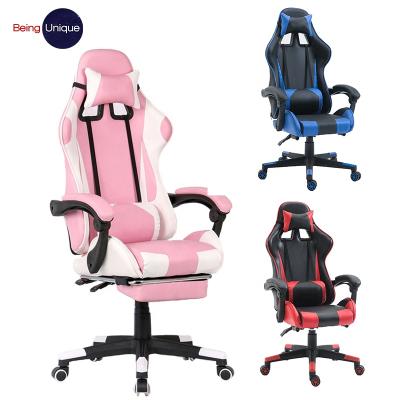 China (Size)Adjustable Custom Leather Gaming Chair RGB Payler Logo Computer Silla Rosa Gamer Racing Chair With Footstool for sale