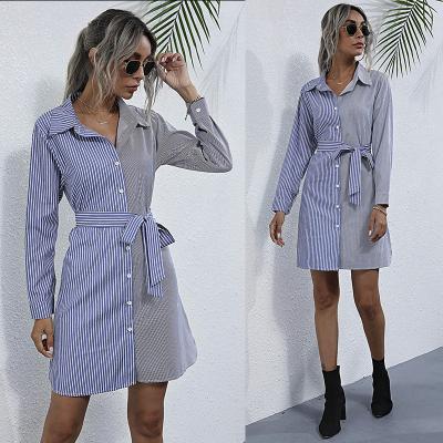 China Long Sleeve 2021Fall Fit Slim Viable Long European And American With Belt Patchwork Stripes Shirt For Women for sale