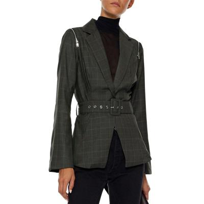 China OEM Breathable Women Long Sleeve Zipper Embellished Shoulder Belted Plaid Pleated Blazer for sale