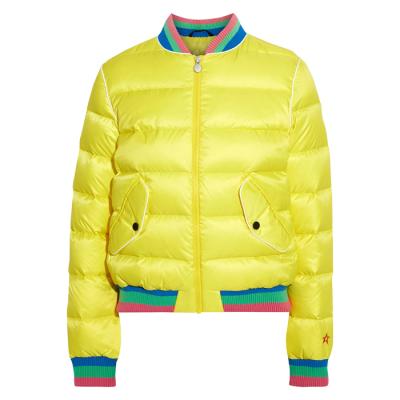 China unisex anti-wrinkle oem cuwstom bright yellow rainbow quilted down bomber jacket winter ribbed baseball varsity jacket stripper balanced jacket for sale