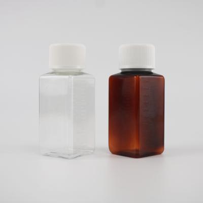 China 100ml Amber Medicine PET Square Amber Bottle With Child Safe Cap For Syrup for sale