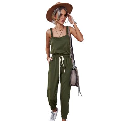 China QUICK DRY Women Summer Tank Jumpsuit Beam Foot Elasitic Waist Jumpsuit Casual Loose Sleeveless Romper With Pockets for sale