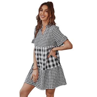 China 2022 spring and summer new women's summer v-neckline loose casual dress short-sleeved plaid prickly dress for sale