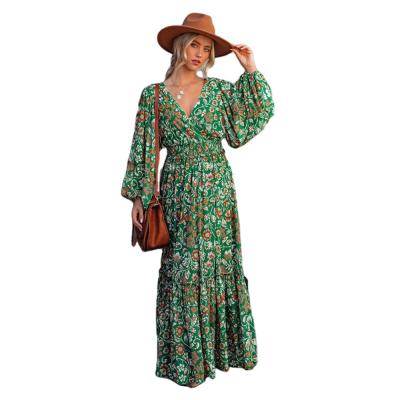 China Vintage Viable Floral Print Maxi Women Boho Long Dress Turn Down Collar Casual Outfits for sale