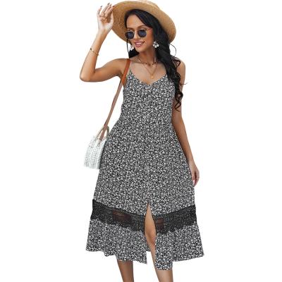 China Breathable Women Floral Print Casual Loose Bohemian Dresses Lace Up Long Summer Beach Swing Quilted Dress for sale