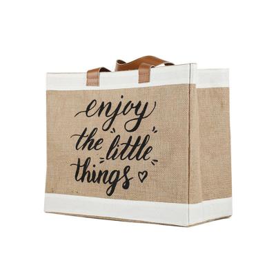 China Eco-Friendly Wholesale Cheap Reusable Custom Jute Logo Printed Grocery Shopping Tote Bag with Large Leather Handle Hemp Burlap for sale