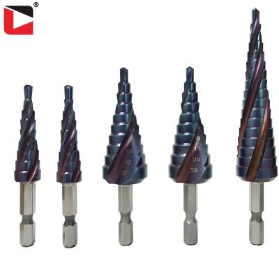 China Aluminum Nano-Blue High Speed ​​Steel Spiral Groove Sheet Step Drill Bit for sale