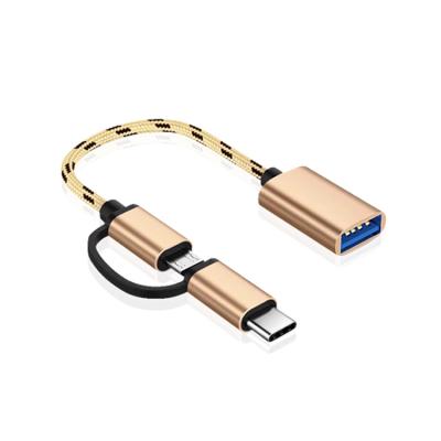 China Mobile Phone USB Nylon Braided Micro Type C Data Sync Adapter 2 In 1 USB 2.0 Otg Adapter Cable Type C Charging Cable for sale