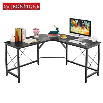 China MR Two Workstations L Shaped Iron Computer Desk Corner Table With Wood And Metal Shelf For Home Office for sale