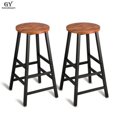 China Factory Industrial Design Industrial Steel Frame Rustic Brown Bar Stools Wood High Bar Chair For Kitchen Dining Backless Wood Seat Metal for sale