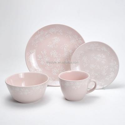 China 16pcs Viable Color Pink Dinnerware, Stoneware With Flower Decal for sale