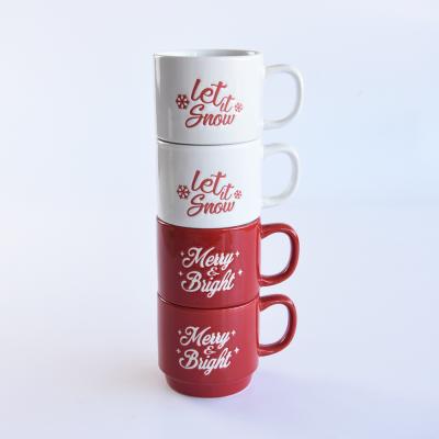 China Disposable Ceramic Coffee Mug With Christmas Silk Screen Design, Christmas Stackable Cup, Wax To Resist Cup for sale