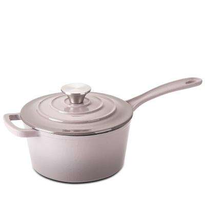 China Stocked Enameled Cast Iron Sauce Pan 2-Quart With Lid Cream Enamel Coated Safe Sauce Pot With Long Handles for sale