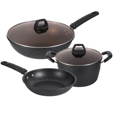 China 3 PCS Sustainable Die Cast Iron Cooking Pot Marble Cast Iron Kitchen Sauces Granite Non-Stick Cookware Sets for sale