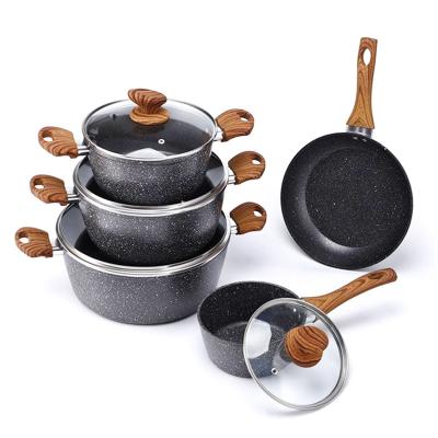 China Sustainable Pot Set 5pcs Die Cast Stone Aluminum Nonstick Medical Cooking Pot Cookware Sets With Glass Lid Wood Handle for sale