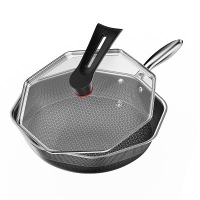 China 2023 New Sustainable Octagonal Pan 316 Stainless Steel Stick Wok Household Non Cooking Cookware With Glass Lid for sale