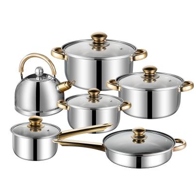 China Sustainable Stainless Steel Kitchen Cooking Soup Stock Pot Wok Frying Pan Cookware Sets With Glass Lid Wooden Handle for sale