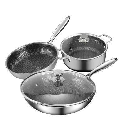 China Sustainable Stainless Steel Kitchen Accessories Cooking Sets Non-Stick Cookware Pots and Pans Set Sauce Pan Frying Pan Set for sale