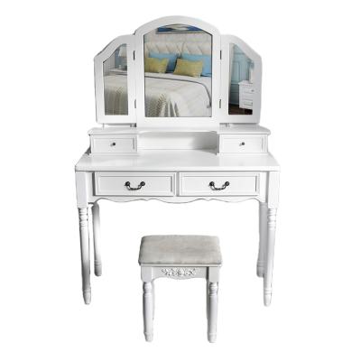 China Luxury Classic Foldable Bedroom Furniture Mirror Dresser Vanity Makeup Dressing Table With 4drawers And Stool for sale