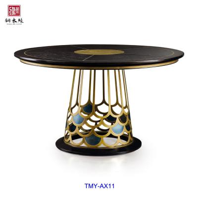 China Luxury Brass Wood Round And Ambila Material Special Designed Dining Table Set for sale