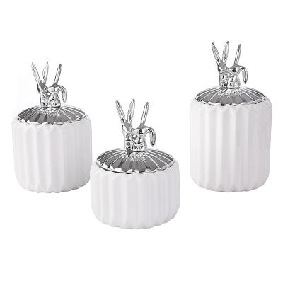 China Household Stored Vertical Silver Ceramic Pot Lid Rabbit Pattern Three-Piece Set Cooking Storage Pot for sale