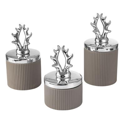 China Lightweight Luxury Silver Lid Antler Storage Jar Kitchen Storage Gray Ceramic Jar Set for sale