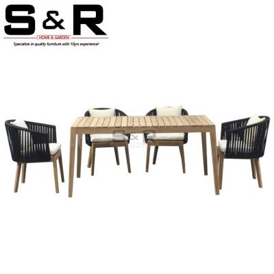 China Eco-friendly Luxury Woven Modern Table Durable\UV Resistant\Water Proof\Weather Rope Strips Designs Teak Wood Lounge Chair Teak Dining Set Outdoor Furniture for sale