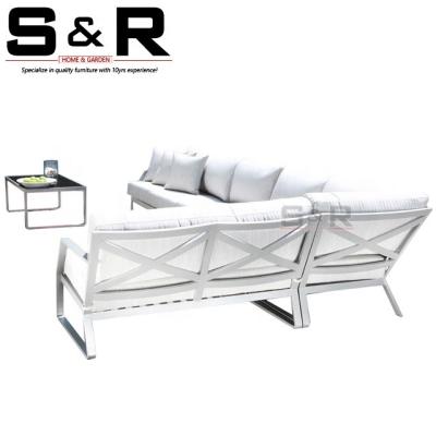 China Eco-friendly\UV Resistant\Water Proof\Weather Resistant Lounge L Form Foshan Modern Outdoor Furniture White Aluminum Sofa Sets for sale