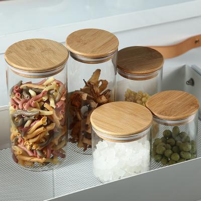 China Cookie Food Kitchen Storage Jars With Bamboo Lid Sealed With Clear Glass Tea Leaves for sale