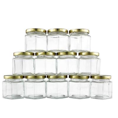 China 300G 330Ml Viable Empty Hexagonal Small Kitchen Jam Honey Glass With Metal Lid Packaging Jar for sale