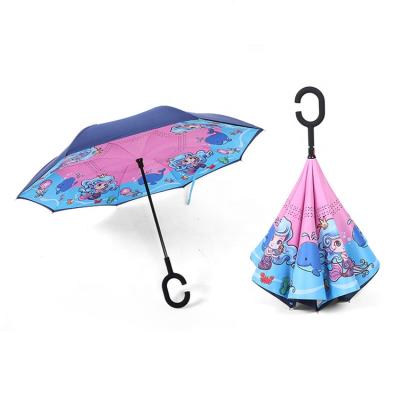 China Promotional Farming Safe Children's Light Blue Pink Handle Self Holding Car Reversible Inverted Umbrella With Custom Logo for sale