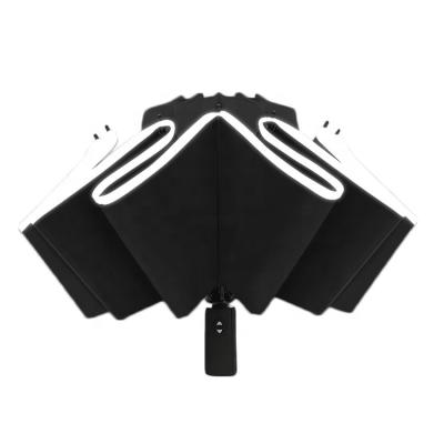 China Agriculture Windproof Reverse Stripe 10 Reflective Ribs Portable Raining Customize Manufacturers 3 Folds Auto Umbrellas With Logo Prints for sale