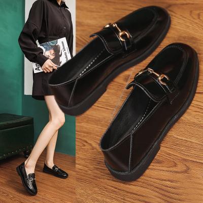 China New Amazon 2021 Fashion Trend Fashion Buckle Toe Single Flat Heel Women Square Small Metal Two-wear British Style Leather Shoes for sale